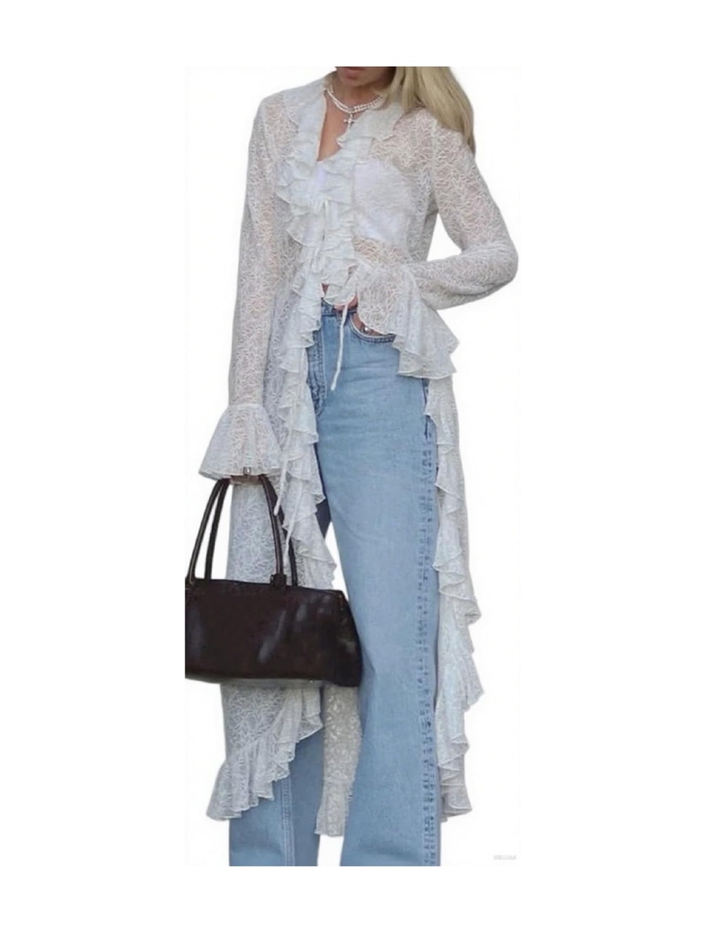 Lace Mesh Sheer Flowy Maxi Kimono Duster Cover Up Cardigan